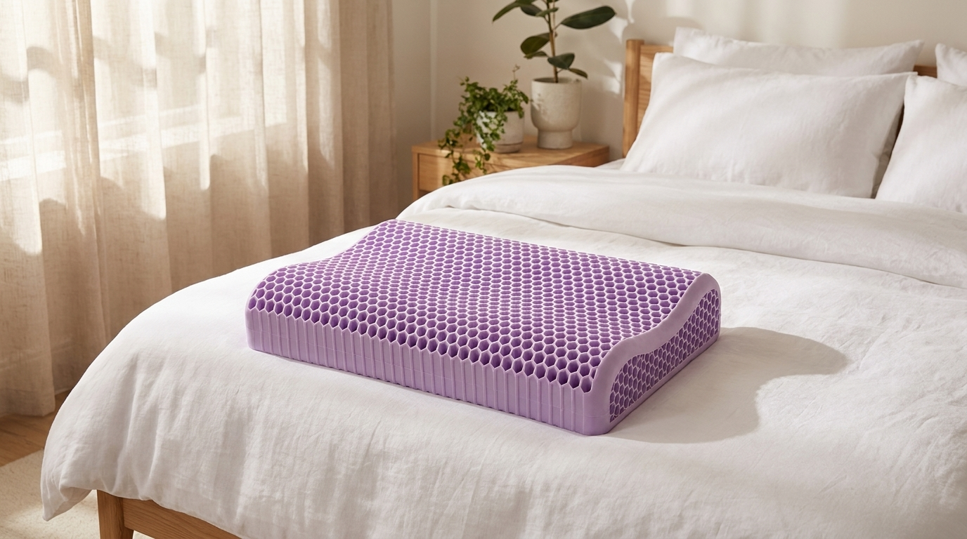 Almohada cervical ergonómica Germixy de panal sobre cama en dormitorio luminoso